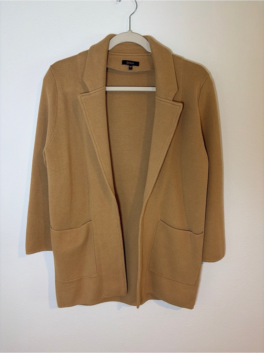 Quince Blazer Women XS 100% Organic Cotton Knit Camel Coatigan Minimalist Open